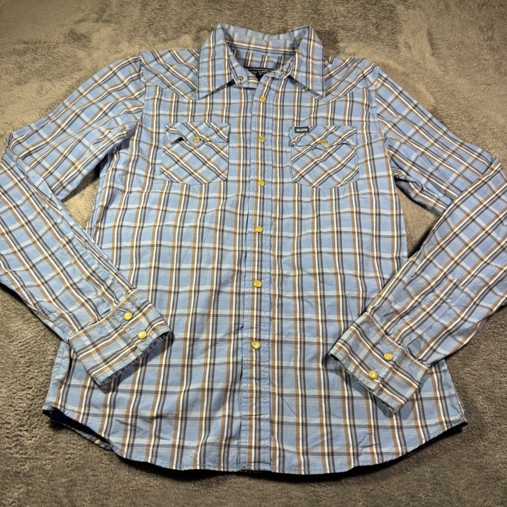 Hollister Mens Blue Plaid Western Long Sleeve Pearl Snap Shirt Medium Cotton
